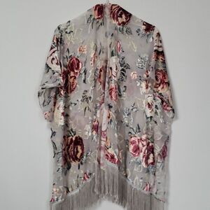 Velvet Burnout Kimono Fringed Silver Gray Pink White Rose Floral Gold Metallic